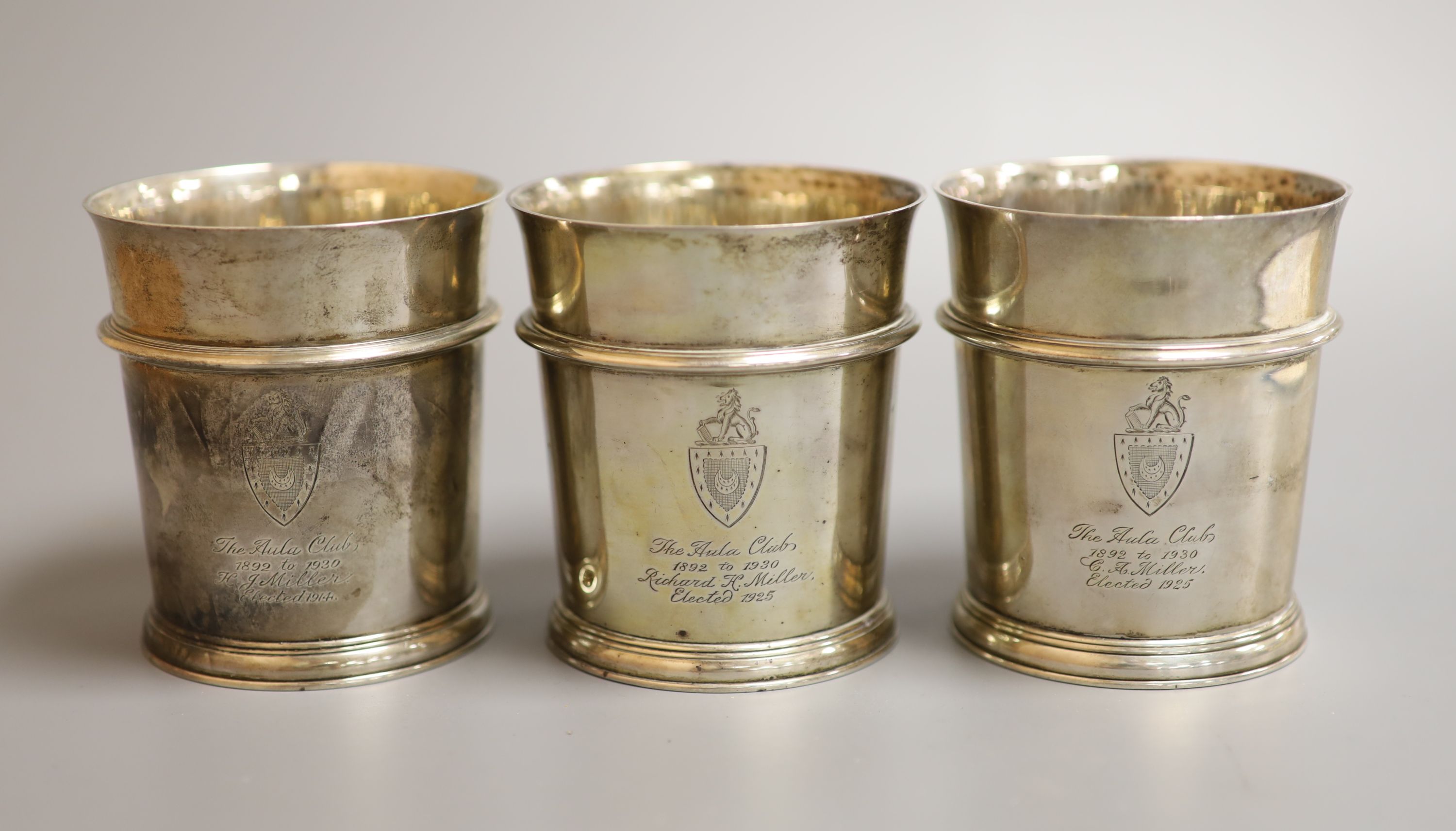 A set of three George V silver beakers, by Edward Barnard & Sons, London, 1929